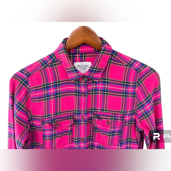 Abercrombie & Fitch Women’s Pink Plaid Flannel Long Sleeve Button Down Shirt S - Picture 2 of 12